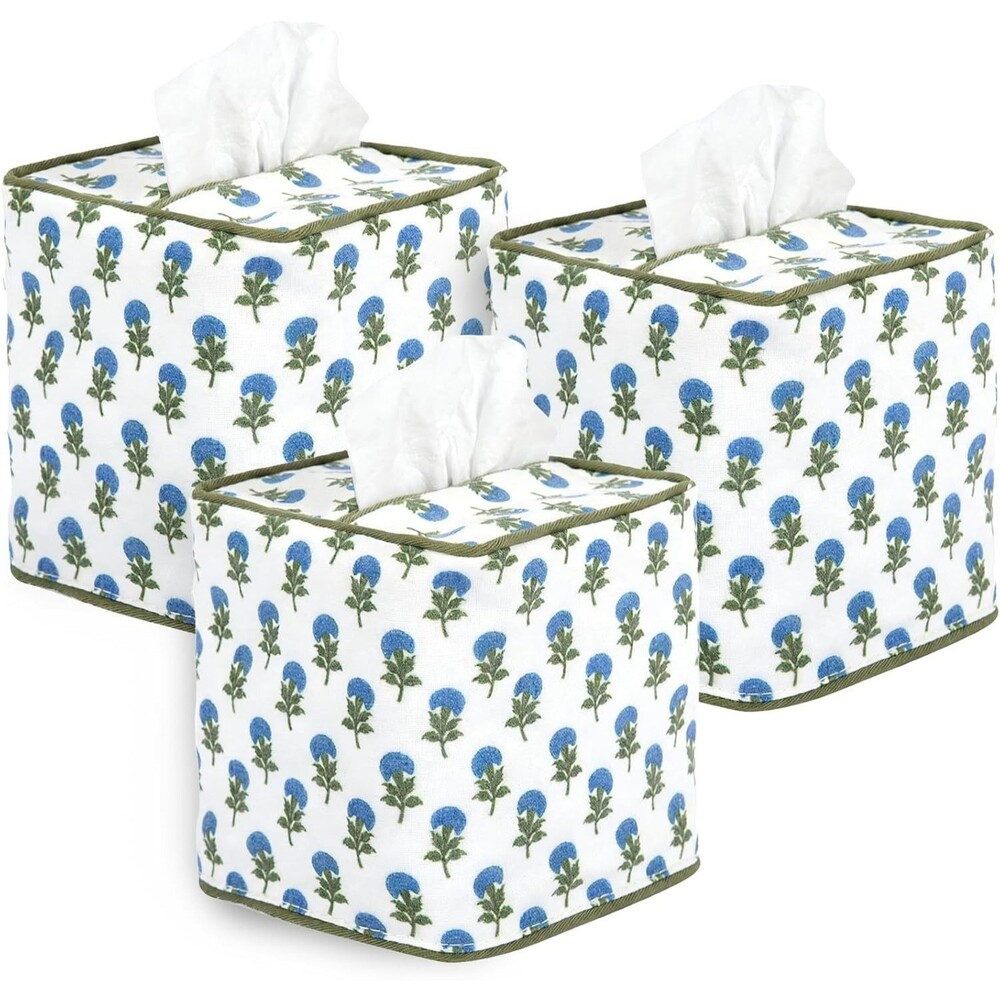 3 Pack Blue Floral Cotton Tissue Box Covers Hand Block Print Square Reusable New